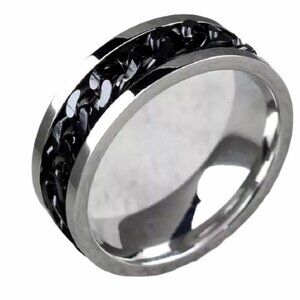 Stainless Steel Chain Black Spinner Ring Silver Tone Sizes 8-11 Wedding Band